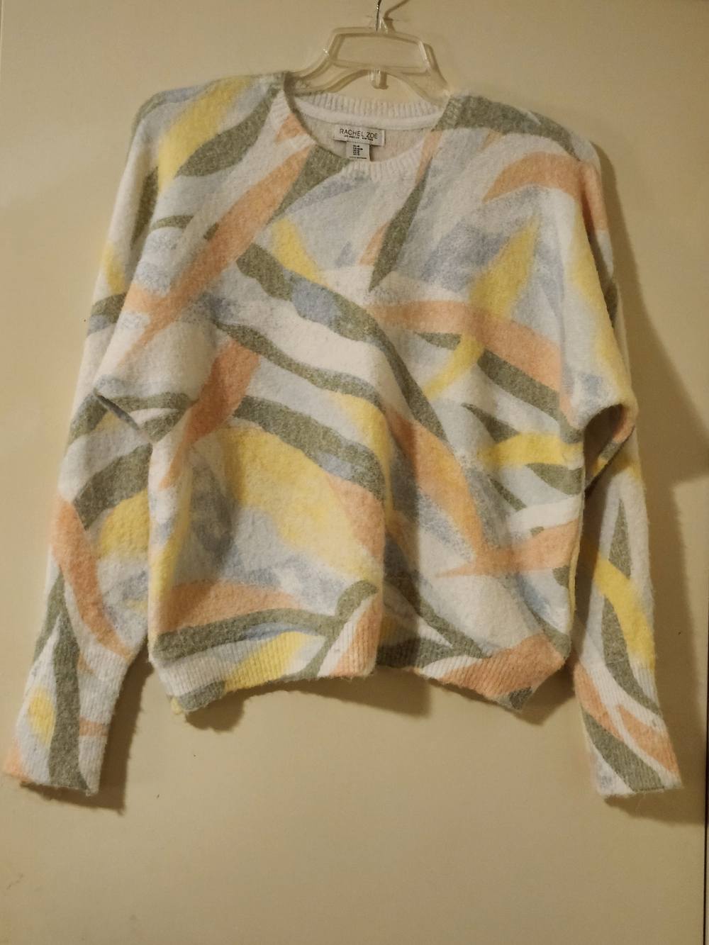 Rachel Zoe Boho Chic Cozy Pastel Abstract Brushstroke Print Fuzzy Knit Sweater M